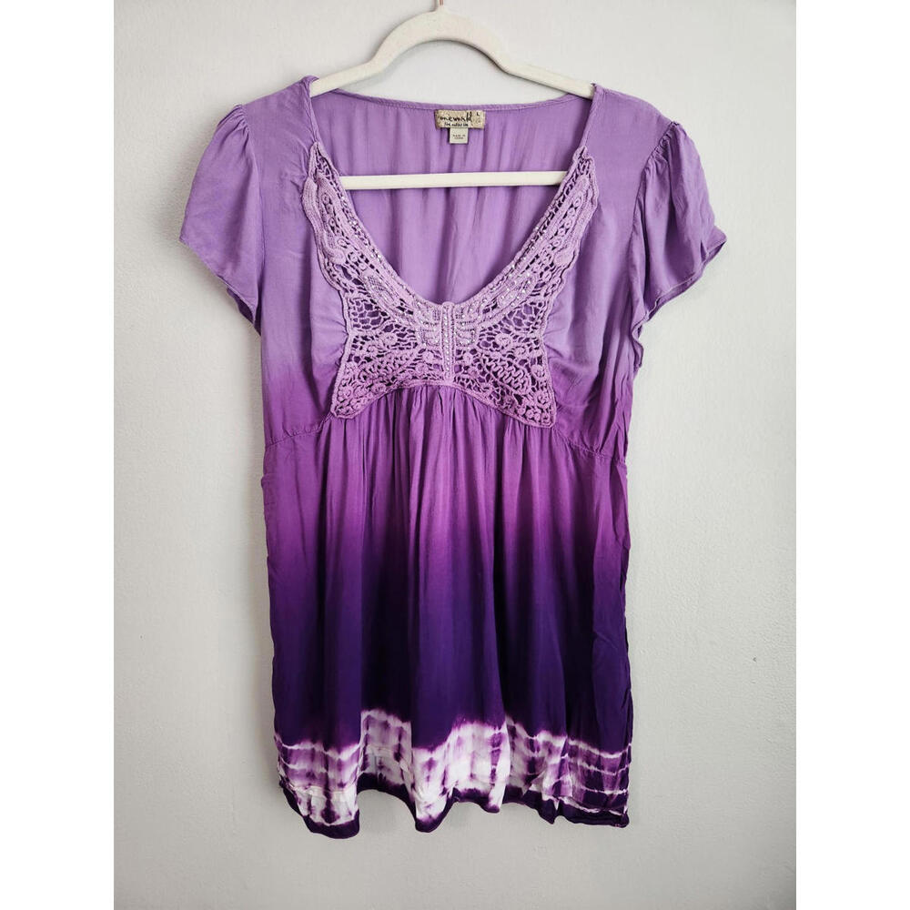 One World Top Size Large Purple Tie Dye Flowy Hippie Butterfly